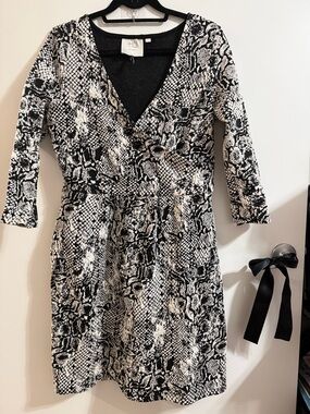 HD in Paris Black & White Snake-Print Long Sleeve Faux Wrap Dress